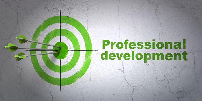 Success Studying concept: arrows hitting the center of target, Green Professional Development on wall background, 3D rendering