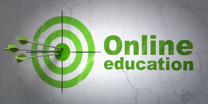 Success Learning concept: arrows hitting the center of target, Green Online Education on wall background, 3D rendering