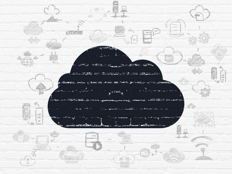 Cloud networking concept: Painted black Cloud icon on White Brick wall background with Scheme Of Hand Drawn Cloud Technology Icons