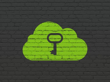 Cloud computing concept: Painted green Cloud With Key icon on Black Brick wall background