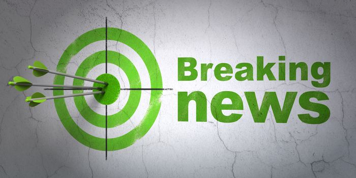 Success news concept: arrows hitting the center of target, Green Breaking News on wall background, 3D rendering