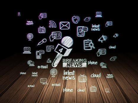 News concept: Glowing Breaking News And Microphone icon in grunge dark room with Wooden Floor, black background with  Hand Drawn News Icons