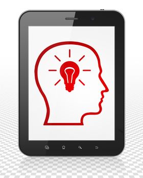 Advertising concept: Tablet Pc Computer with red Head With Lightbulb icon on display, 3D rendering