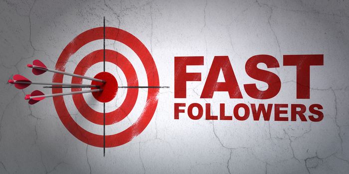 Success business concept: arrows hitting the center of target, Red Fast Followers on wall background, 3D rendering