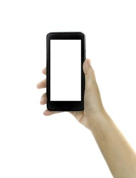 Woman hand holding blank white screen smart phone on white background