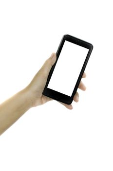 Woman hand holding blank white screen smart phone on white background