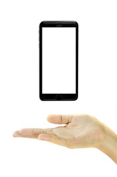 woman's hand holding smartphone over white background