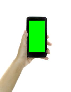 Woman hand holding blank green screen smart phone on white background