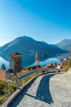 Old town Perast, church and two islands