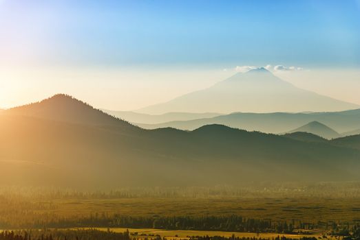 Mount Shasta in California seen from Lassen Volcanic National Park on a late July afternoon.