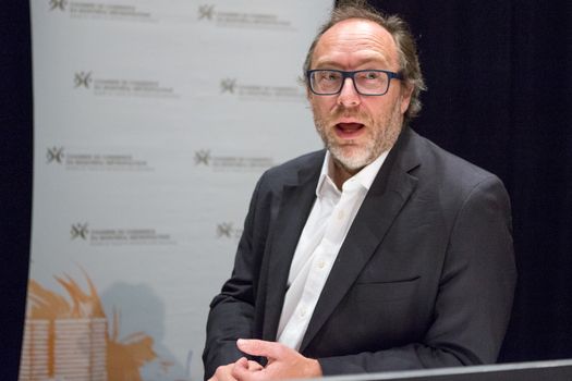 CANADA, Montreal: American co-founder of online encyclopedia Wikipedia and internet entrepreneur Jimmy Wales delivers a speech during a conference held by the Board of Trade of Metropolitan Montreal (CMM in French), in Montreal, Quebec, on April 11, 2016.