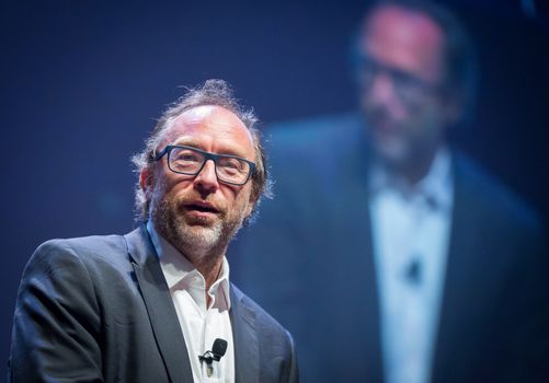 CANADA, Montreal: American co-founder of online encyclopedia Wikipedia and internet entrepreneur Jimmy Wales delivers a speech during a conference held by the Board of Trade of Metropolitan Montreal (CMM in French), in Montreal, Quebec, on April 11, 2016.