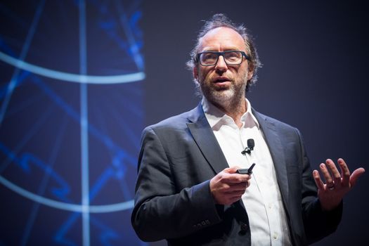 CANADA, Montreal: American co-founder of online encyclopedia Wikipedia and internet entrepreneur Jimmy Wales delivers a speech during a conference held by the Board of Trade of Metropolitan Montreal (CMM in French), in Montreal, Quebec, on April 11, 2016.