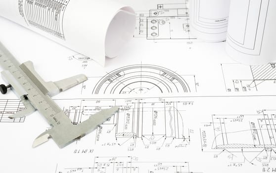 Architecture plan and rolls of blueprints with ruler. Building concept