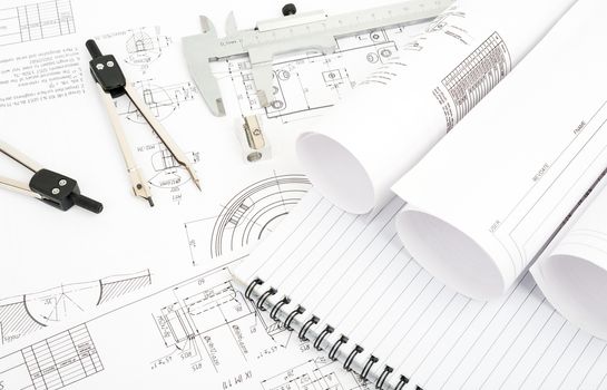 Architecture plan with dividers and notebook. Building concept