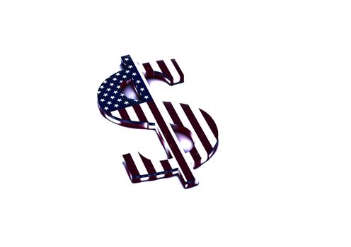 Dimensional sign of the American dollar in color national flag of USA.