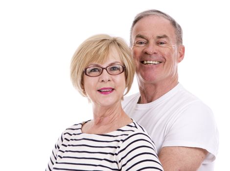 retired couple wearing summer outfits on white isolated background