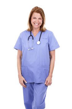 female caucasian doctor posing on white isolated background