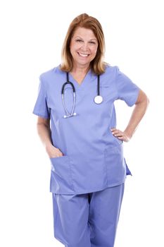 female caucasian doctor posing on white isolated background