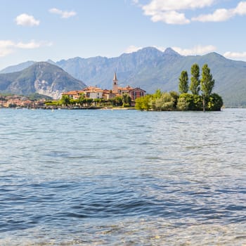Pictured "pescatori" island with its beautiful gardens, Lake Maggiore, Stresa, Italy. Square photo.