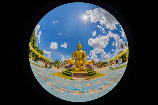 Big Buddha, Wat Muang Golden Thailand Buddhist temple in Thailand's most sacred site, Angthong, Thailand.Fisheye