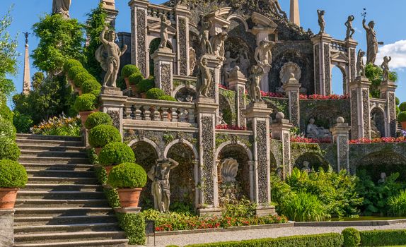 Pictured Isolabella island with its beautiful gardens and its wonderful baroque statues, Lake Maggiore, Stresa, Italy.