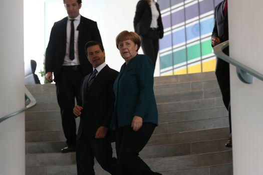 GERMANY, Berlin: Chancellor Angela Merkel welcomes Mexican President Enrique Peña Nieto, to the Federal Chancellery on April 12, 2016, in Berlin.The leaders discussed economic relations between Germany and Mexico and held a joint press conference.