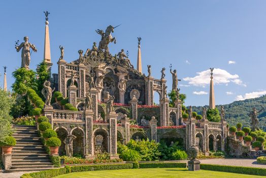 Pictured Isolabella island with its beautiful gardens and its wonderful baroque statues, Lake Maggiore, Stresa, Italy.