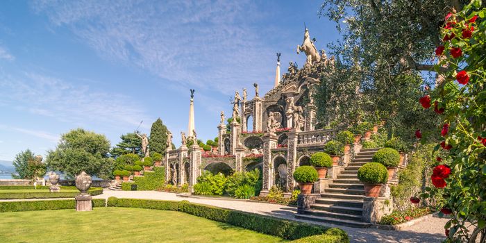 Pictured Isolabella island with its beautiful gardens and its wonderful baroque statues, Lake Maggiore, Stresa, Italy.