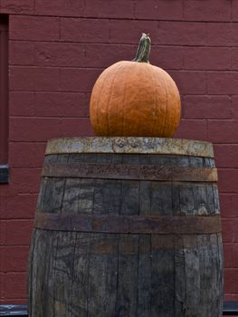 Pumpkin on a wine barrel, Connecticut, USA