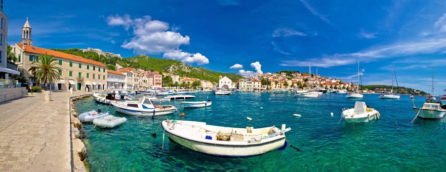 Coastal town of Hvar waterfront panorama, Dalmatia, Croatia