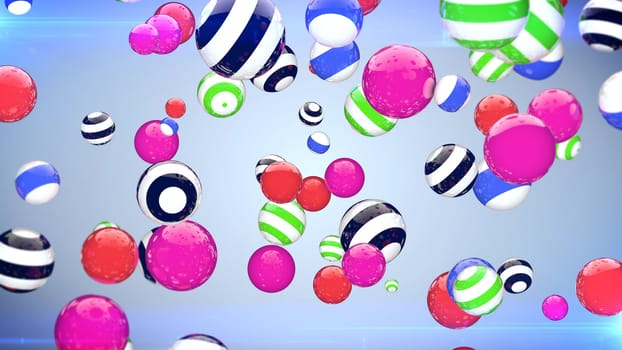 Flying multicoloured and striped balls against a blue background.