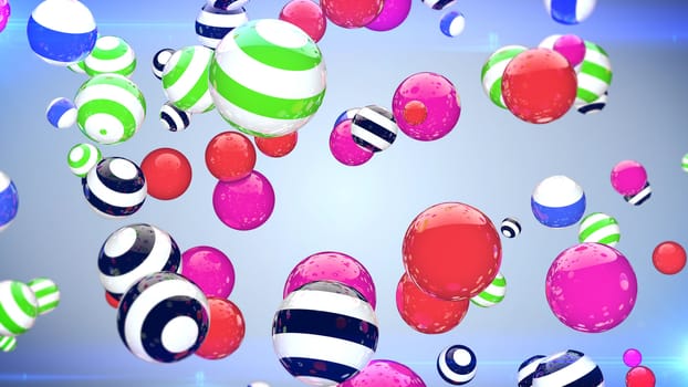 Abstract multicoloured spheres of different size flying on a blue background.