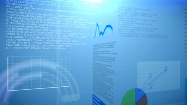 Financial report with graphs, pie charts and curves against a blue background. Abstraction.