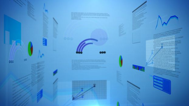 Colourefull pie chart with pale graphs and charts against a blue backround.
