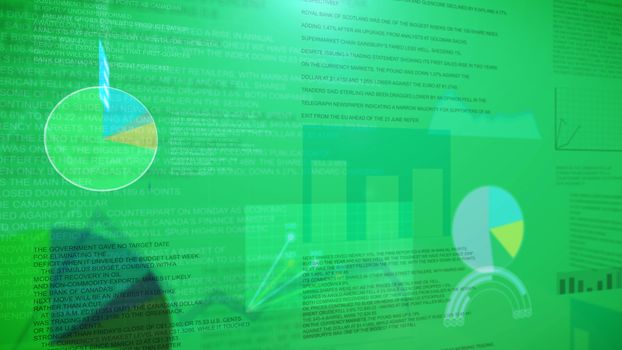 Data analyzing. Abstract business report with pie charts,  graphs against a green background.