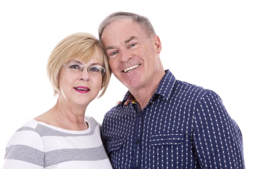 retired couple wearing casual outfits on white isolated background
