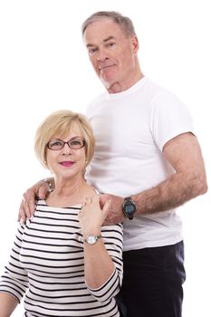 retired couple wearing summer outfits on white isolated background