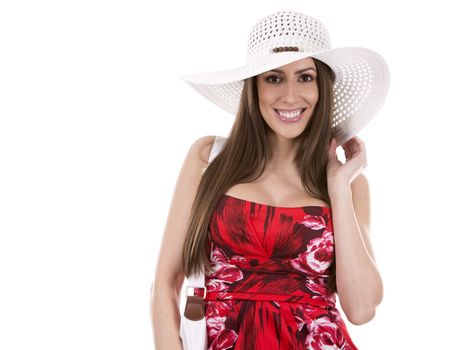 young woman wearing red dress on white background