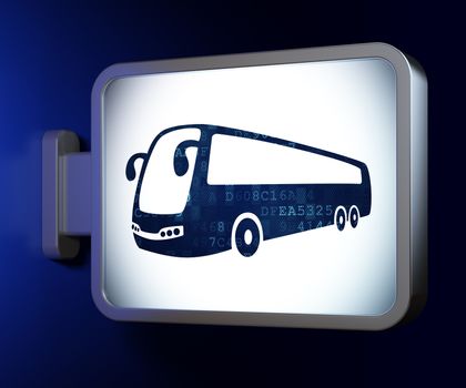Vacation concept: Bus on advertising billboard background, 3D rendering