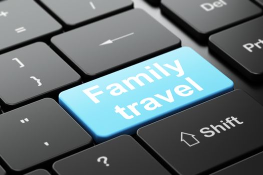 Tourism concept: computer keyboard with word Family Travel, selected focus on enter button background, 3D rendering