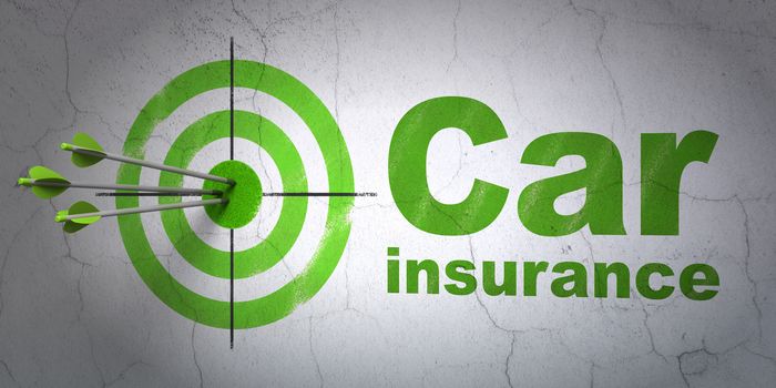 Success Insurance concept: arrows hitting the center of target, Green Car Insurance on wall background, 3D rendering