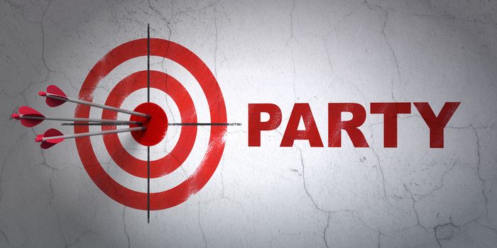 Success entertainment, concept: arrows hitting the center of target, Red Party on wall background, 3D rendering