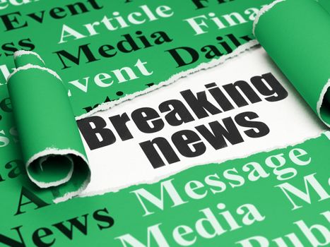 News concept: black text Breaking News under the curled piece of Green torn paper with  Tag Cloud, 3D rendering