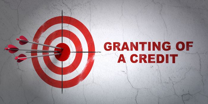 Success currency concept: arrows hitting the center of target, Red Granting of A credit on wall background, 3D rendering