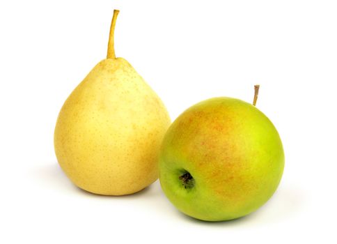 Ripe yellow pear and green apple isolated on white background.