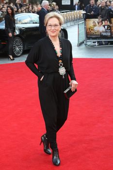 ENGLAND, London: Meryl Streep attends the Florence Foster Jenkins premiere, on April 12, 2016, at the Odeon Leicester Square.The film stars Meryl Streep, who plays Florence Foster Jenkins, Hugh Grant, and Simon Helberg. It is based on the real life story of an heiress who wanted to become an opera singer,despite having a horrible voice. 