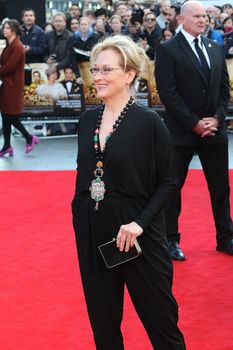 ENGLAND, London: Meryl Streep attends the Florence Foster Jenkins premiere, on April 12, 2016, at the Odeon Leicester Square.The film stars Meryl Streep, who plays Florence Foster Jenkins, Hugh Grant, and Simon Helberg. It is based on the real life story of an heiress who wanted to become an opera singer,despite having a horrible voice. 