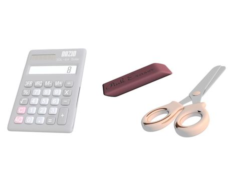 calculator grey and eraser red, scissor orange