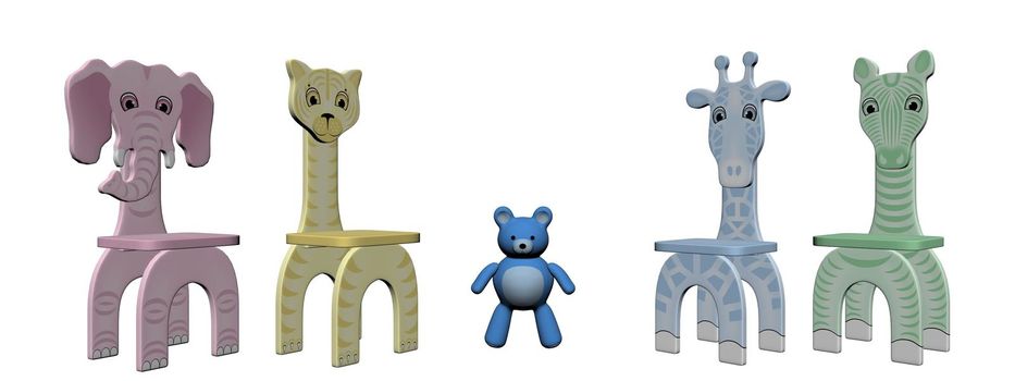 Four chairs of school in the shape of animal
